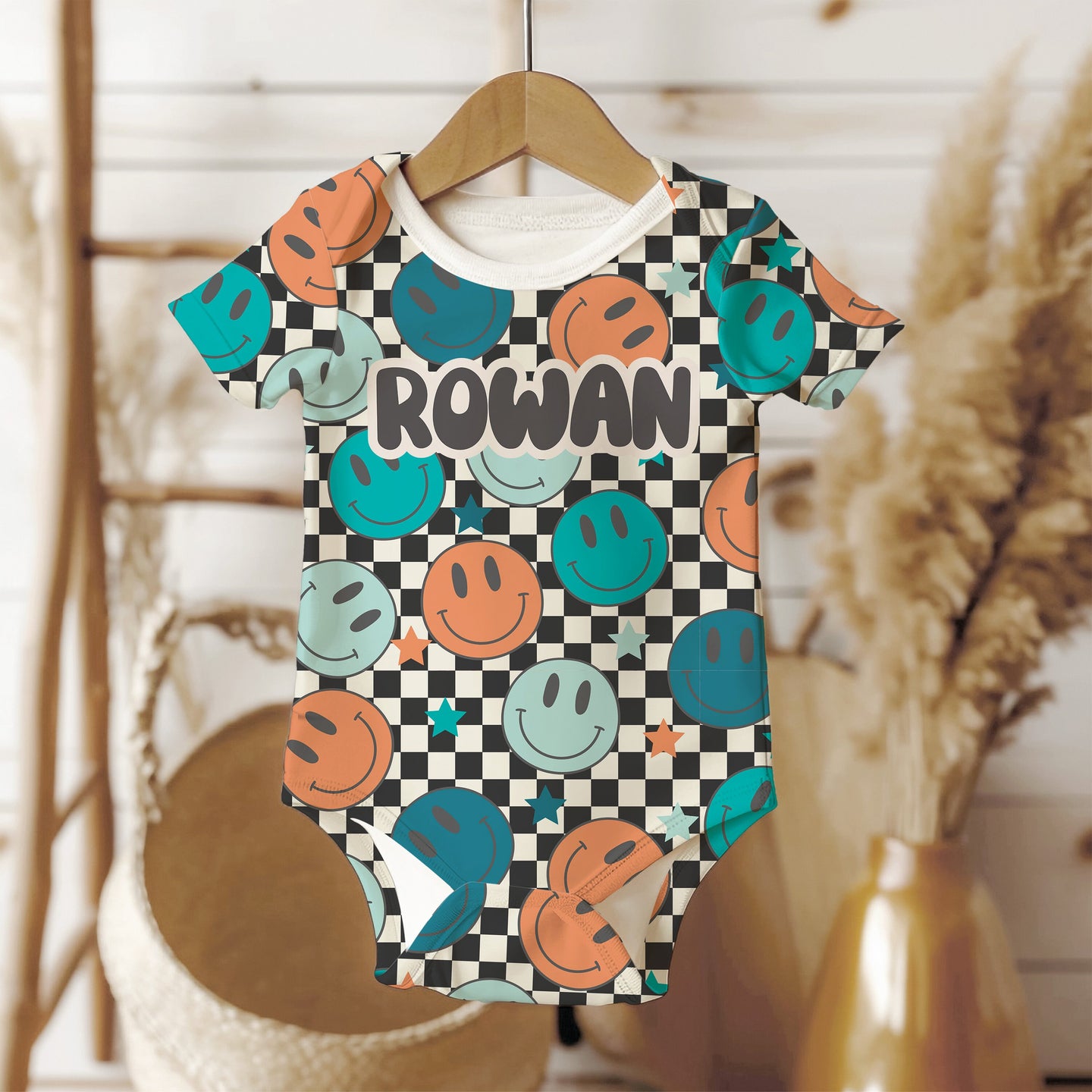 Personalized Baby Boy one piece, Blue checkered smiley face baby bodysuit, personalized baby bodysuit, organic cotton gift for baby shower